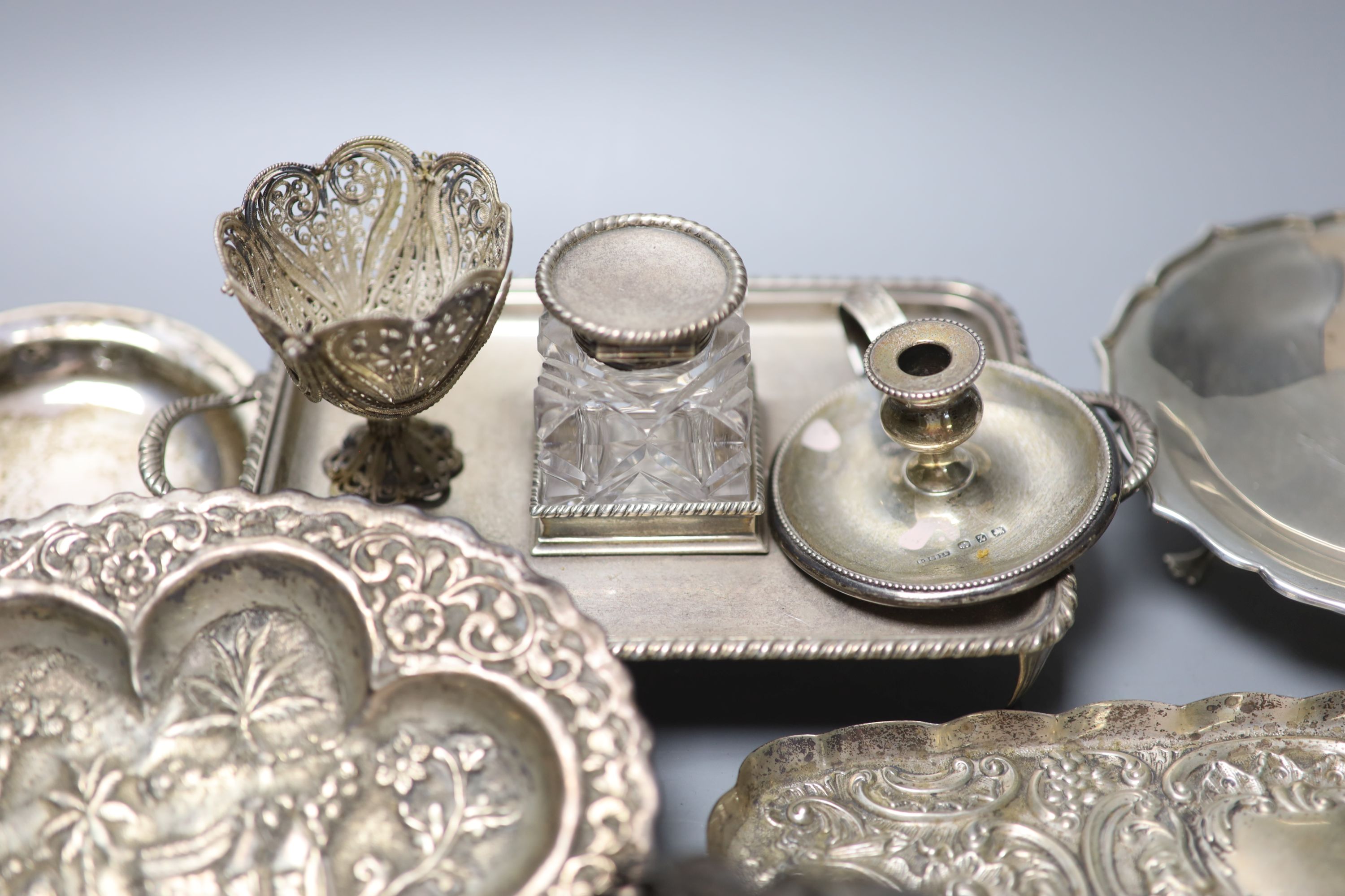 A Victorian silver inkstand, London, 1895, 19.1cm and sundry small silver etc. including taperstick, compact etc.